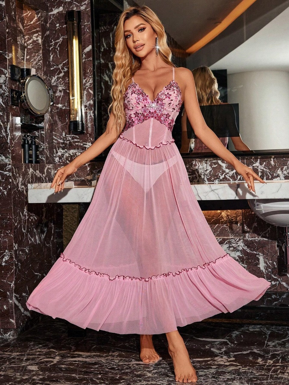 Contrast Color Floral Embroidered Splice Fishbone Gathering Waist Mesh Camisole Maxi Nightdress