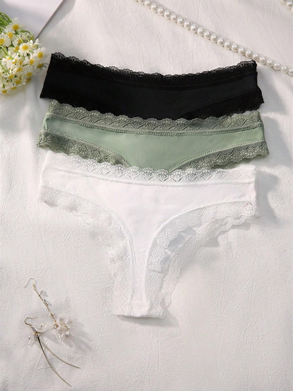 3pcs/Set Women's Ice Silk Lace Splicing Triangle Panties