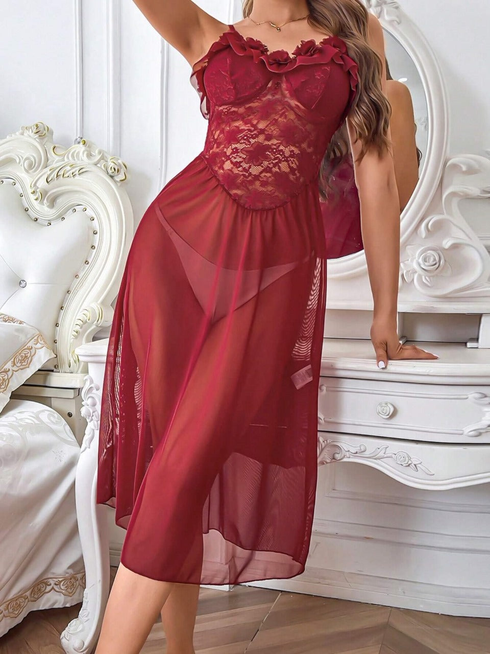 Christmas Wine Red Sexy Mesh Flower Petal Dress Ladies Nightgown