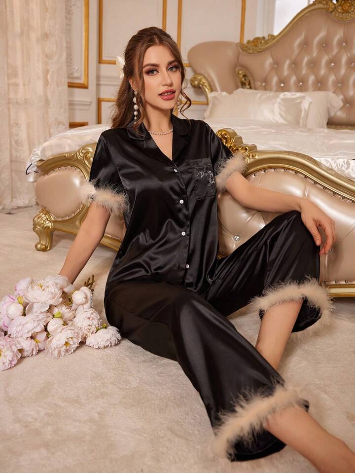 Furry Decoration Satin Short Sleeve Top And Pants Pajama Set