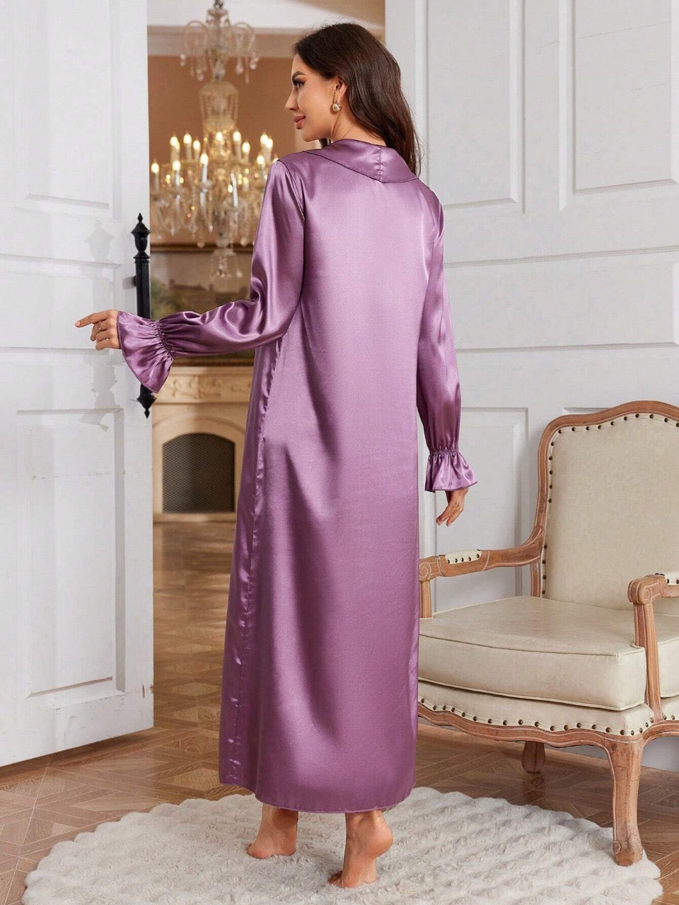 Faux Silk Robe With Ruffle Trim And Tie Belt, Long
