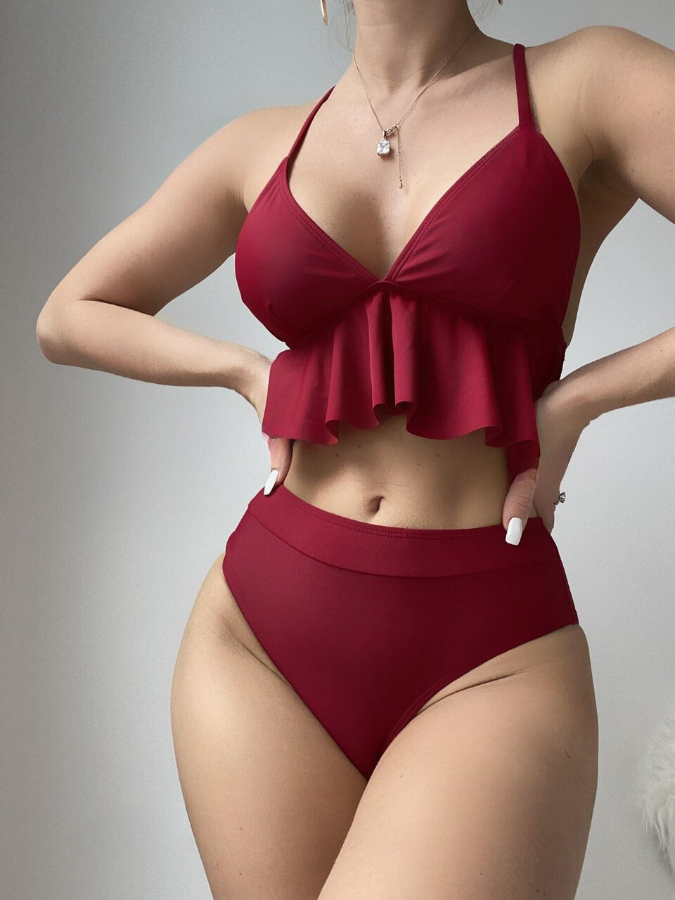 Swim Vcay Plain Ruffle Hem Bikini Swimsuit