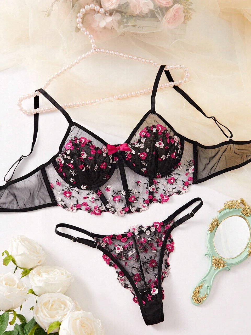 Ladies’ Flowers Embroidery Mesh Lingerie Set