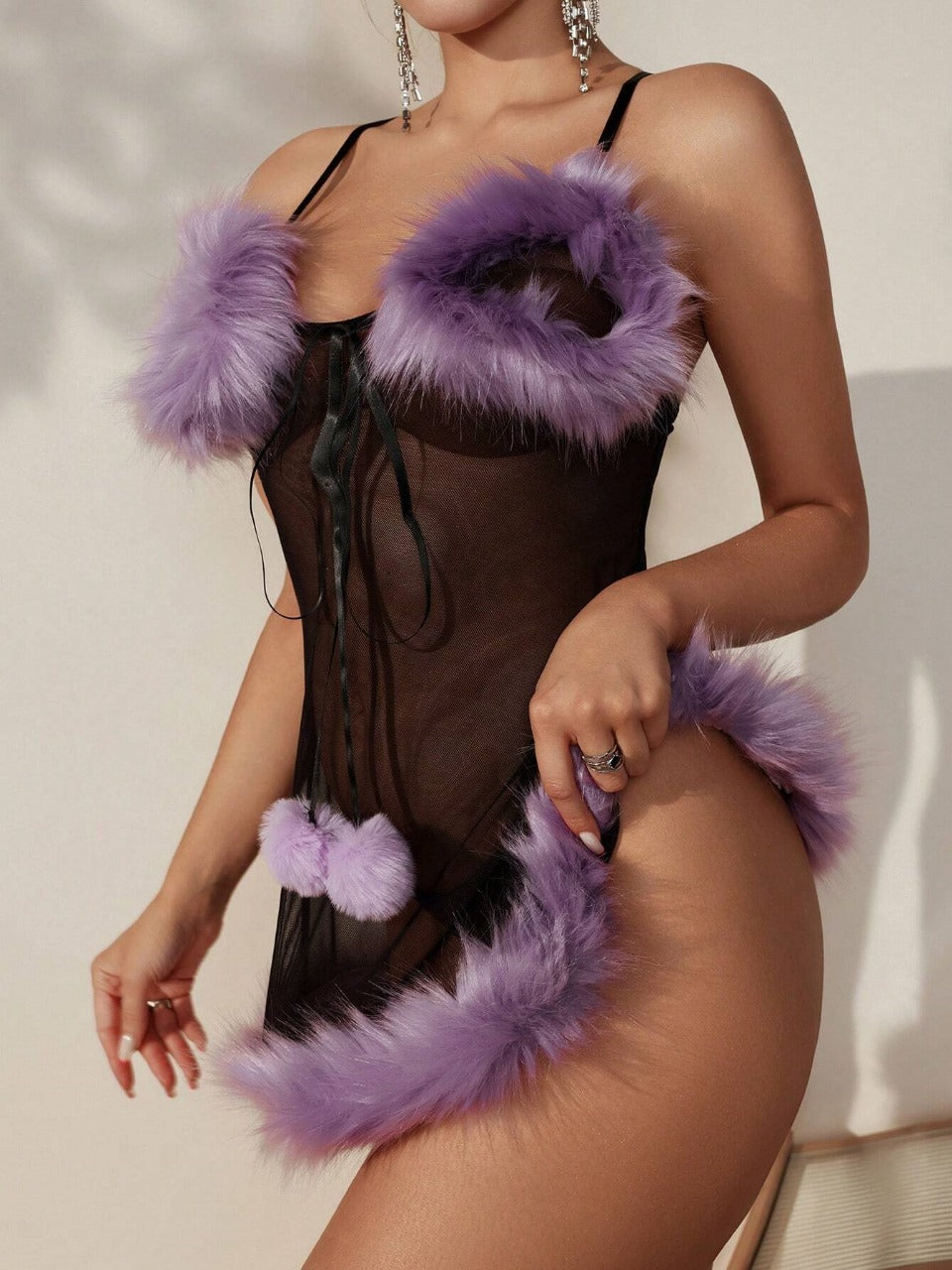 1pc Color Block Fuzzy Decorated Mesh Sexy Cami Dress Lingerie