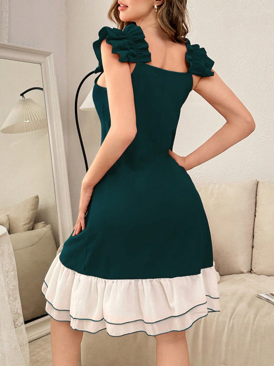 Women Contrast Color Chiffon Ruffle Hem Strap Nightdress