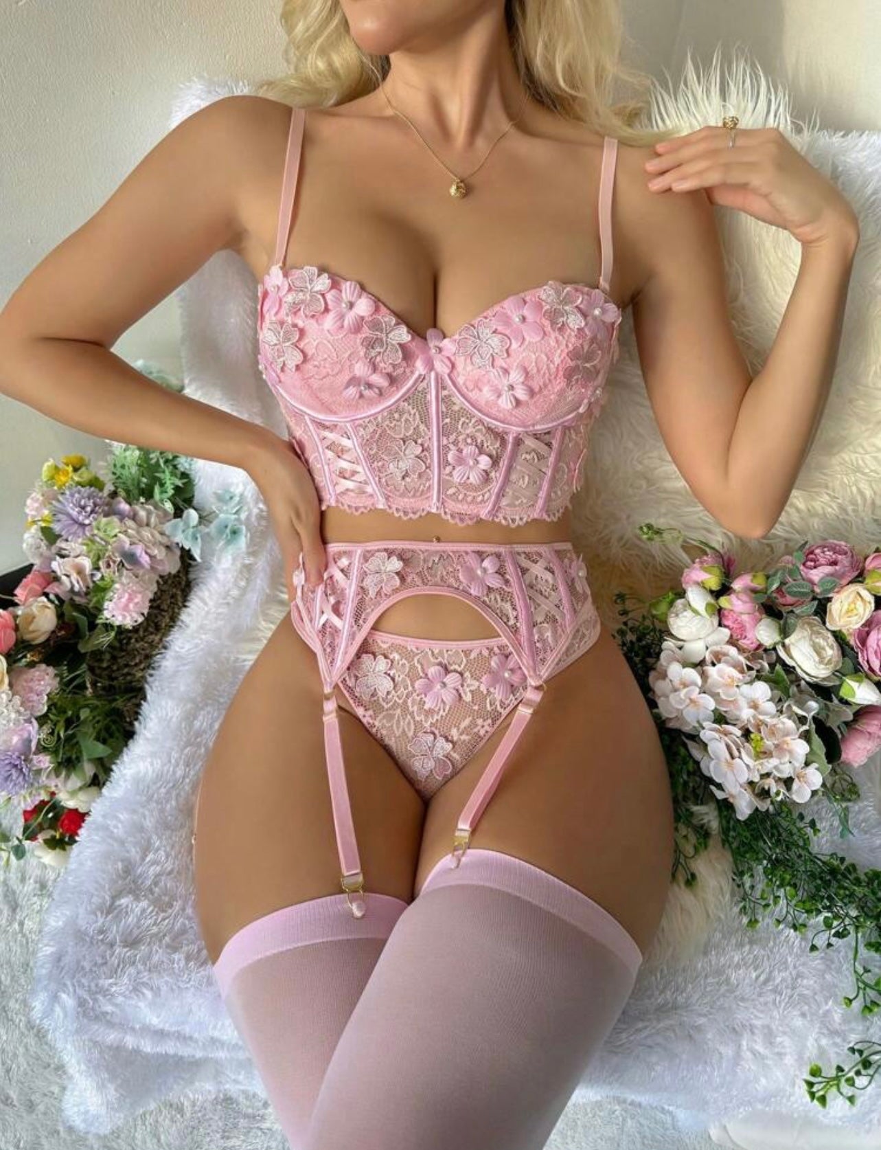 5pack Floral Embroidery Mesh Underwire Garter Lingerie Set