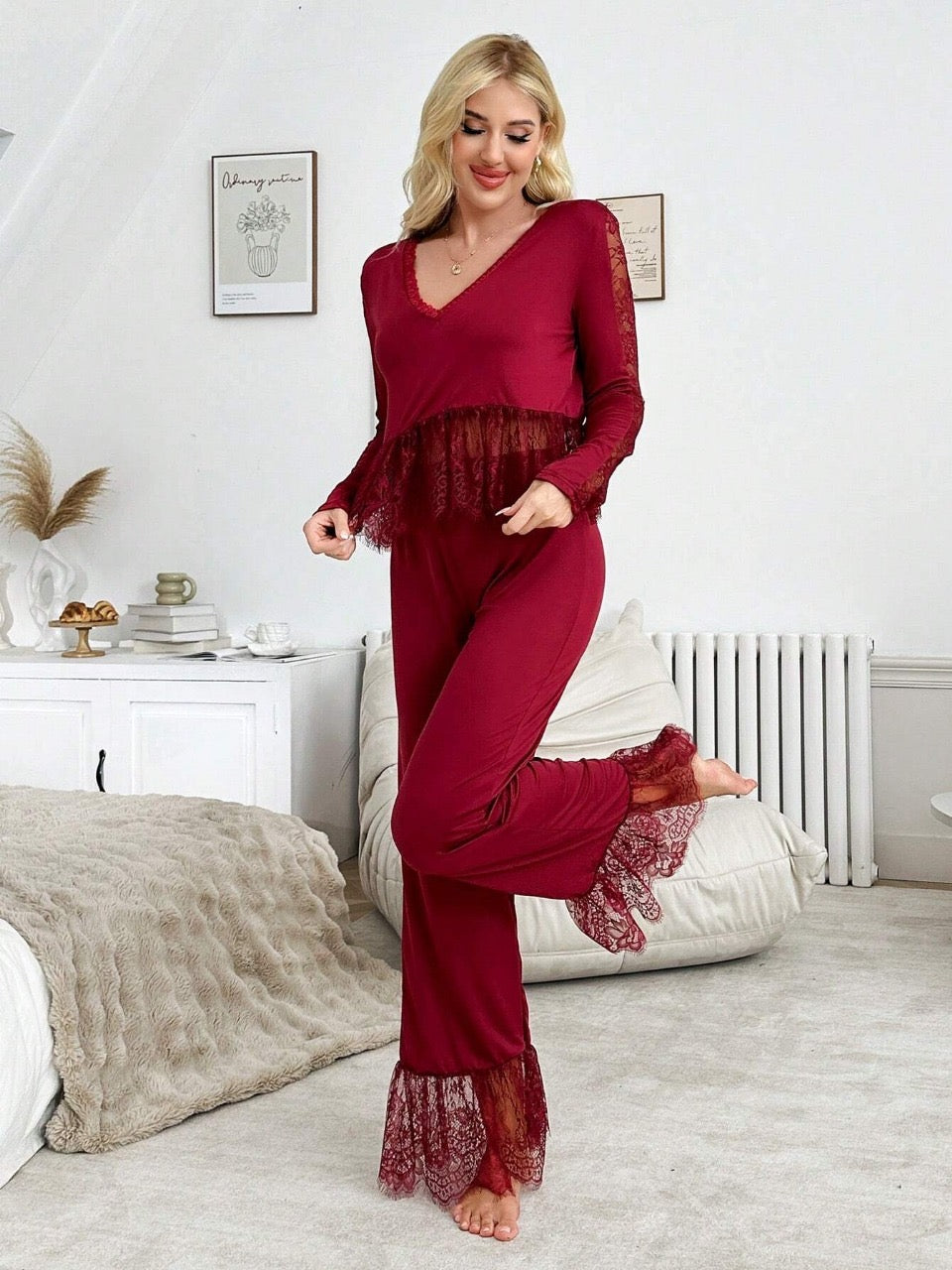 Casual Sexy Lace Trim Women's Sleepwear Pajama Set, For Christmas