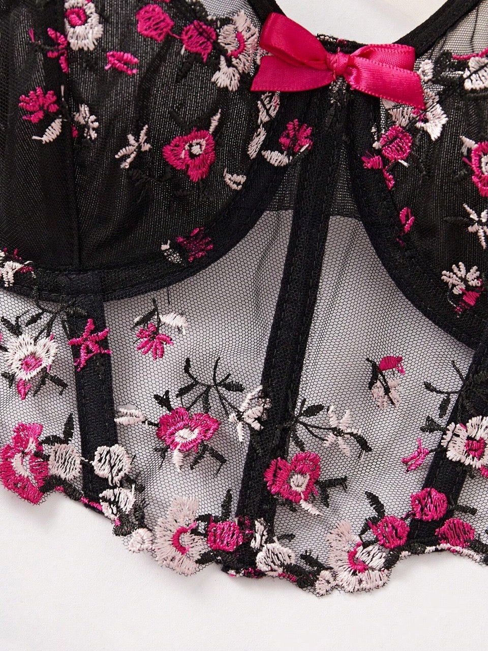 Ladies’ Flowers Embroidery Mesh Lingerie Set