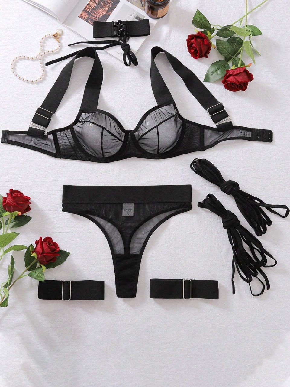 Classic Sexy Women's Goth Contrast Mesh See-Through Bra & Panty Set With Choker & Leg Harness Sexy Lingerie