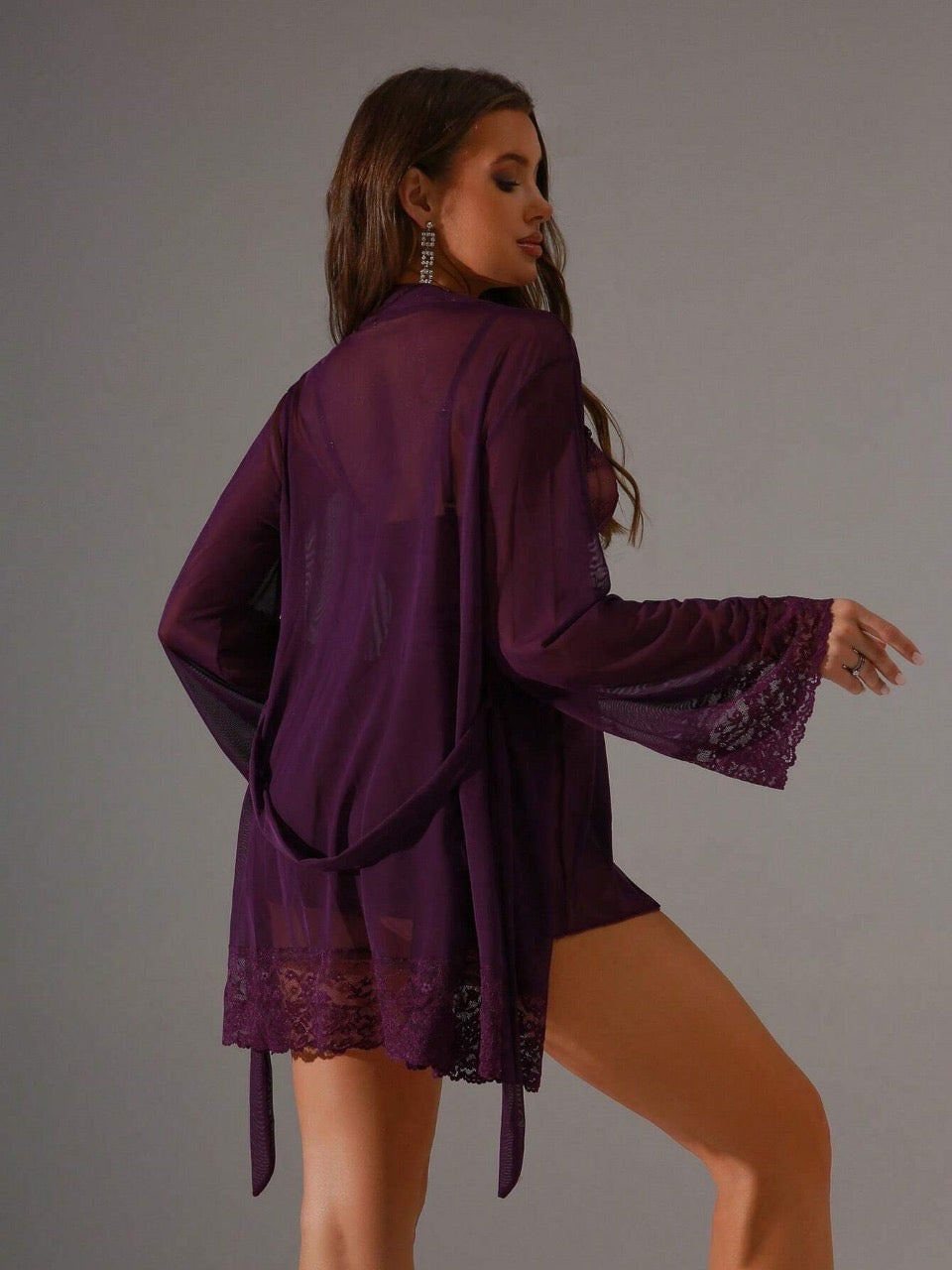Ladies Contrast Lace Cami Dress And Robe Sexy Lingerie Set