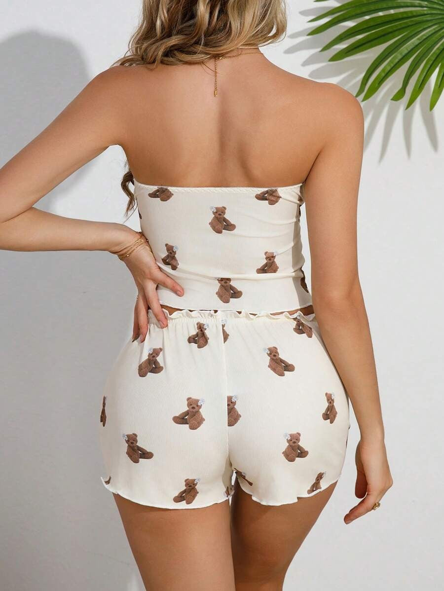 2pcs/Set Cute Bear Print Bandeau Top & Shorts Pajama Set