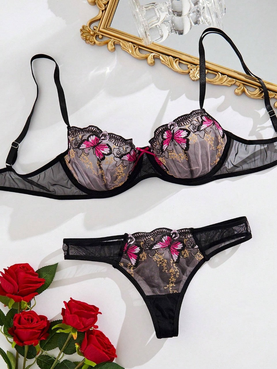 Women's Butterfly Embroidery Bra And Triangle Panties set