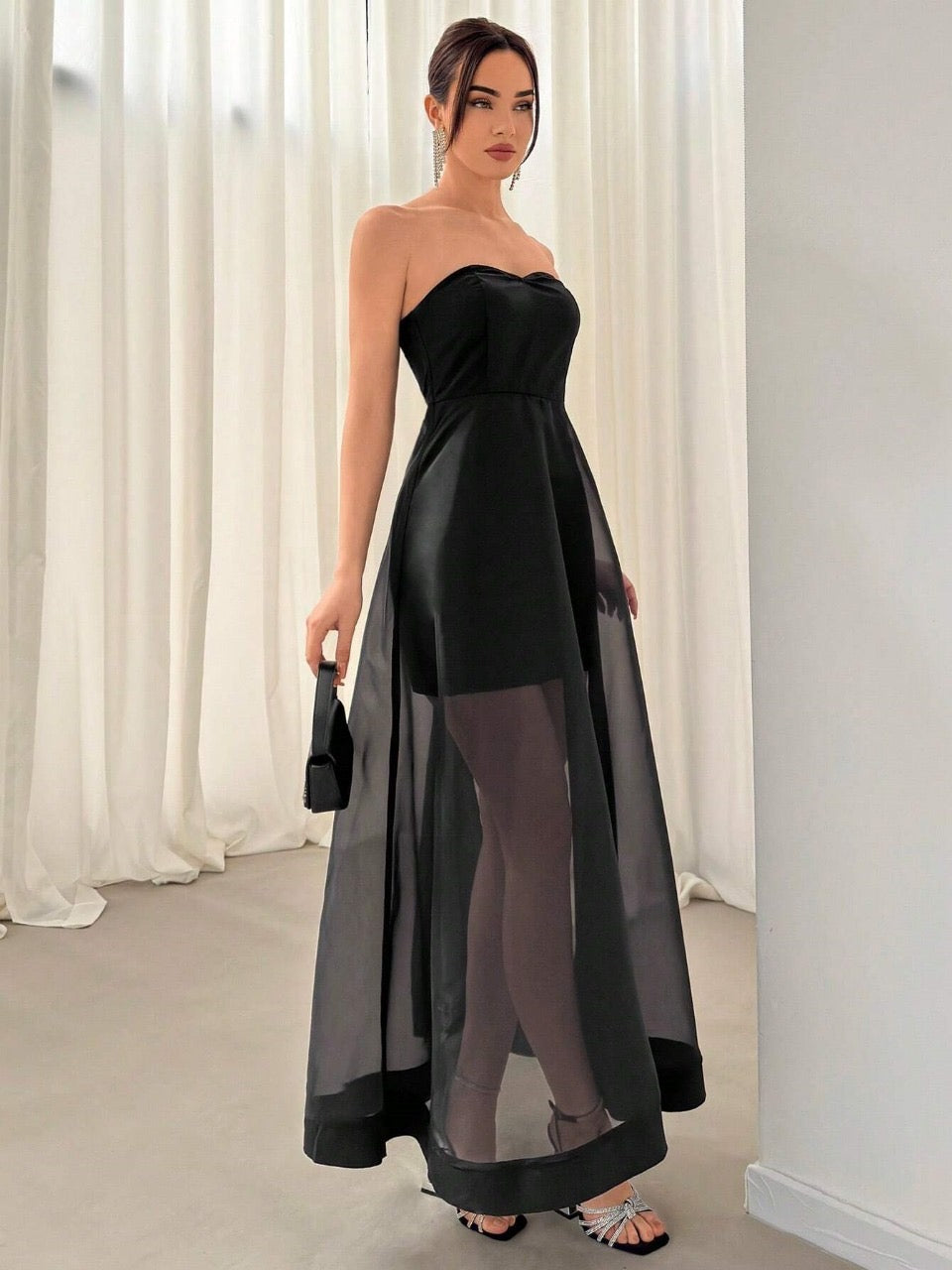 Aloruh Women's Summer Wedding Daily Elegant Holiday Date INS Music Festival Strapless Mesh Patchwork Long Elegant Evening Dress With Perspective Design, Great For Valentine's Day