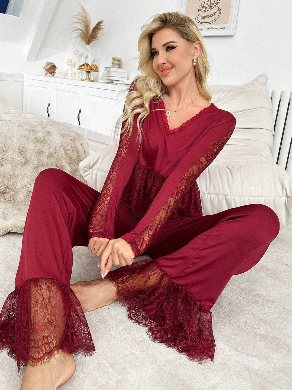 Casual Sexy Lace Trim Women's Sleepwear Pajama Set, For Christmas