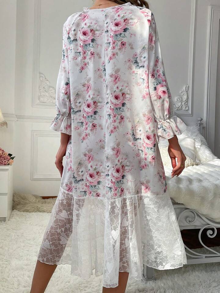 Women'S Floral Print Lace Trimmed Neckline Ribbon Tie Sleep Dress