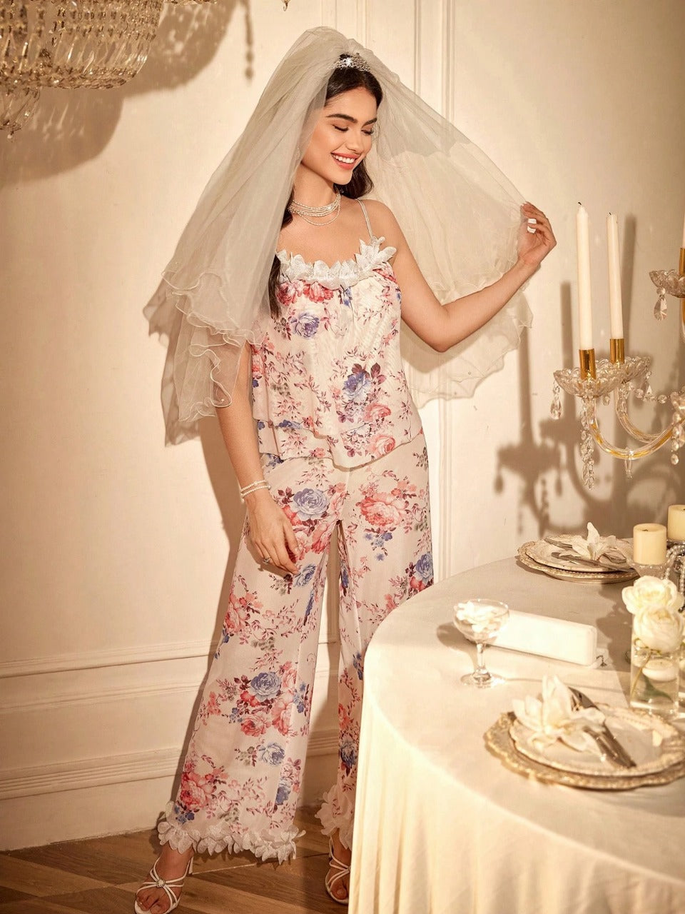 Women Sexy Mesh Floral Print Patchwork Ruffle Trim Sleepwear Set
