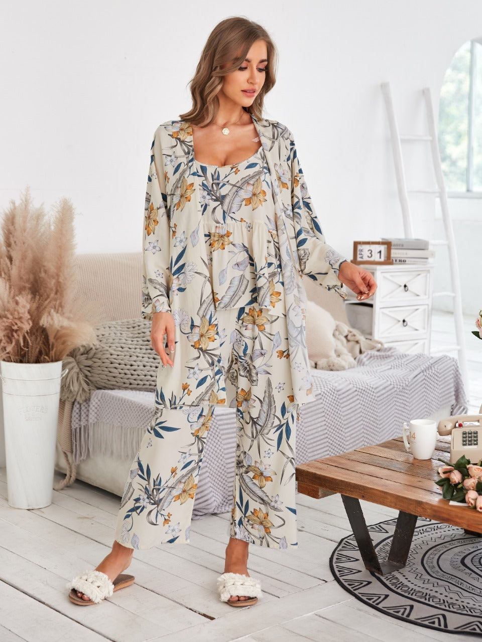 3pcs Floral Print Bow Detail PJ Set