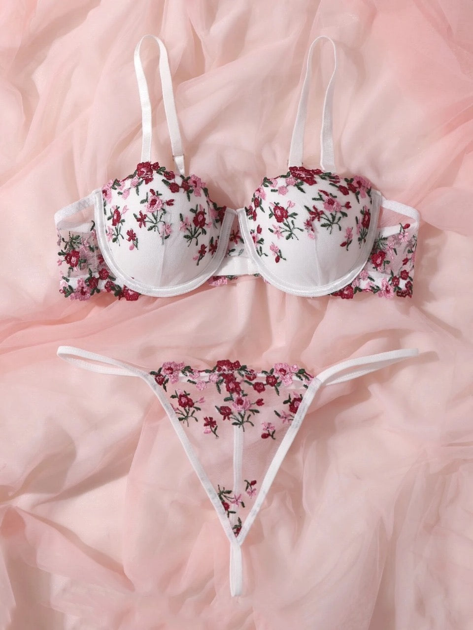 Floral Embroidered Mesh Underwire Bra & Panty Lingerie Set