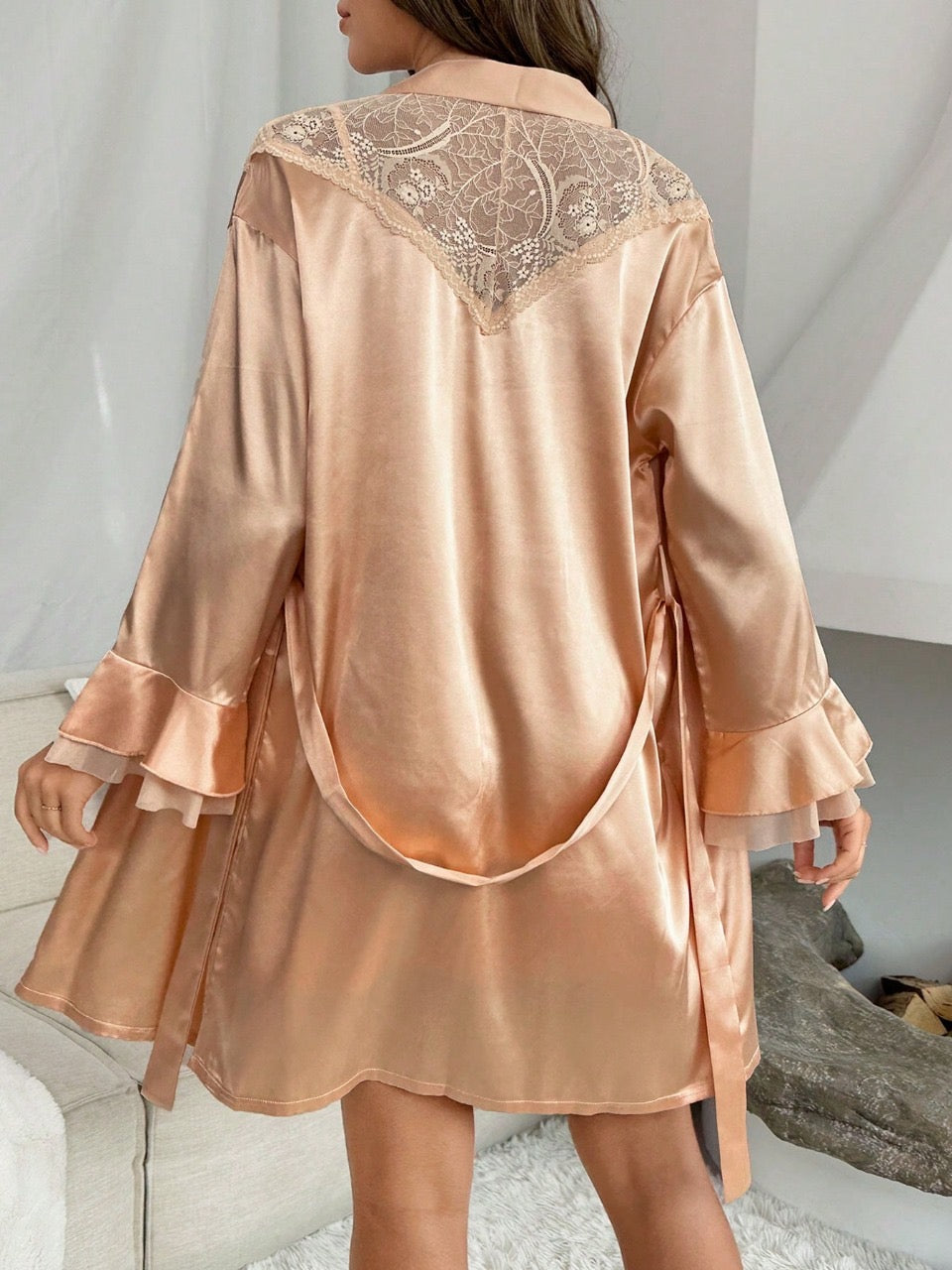Contrast Lace Belted Satin Robe & Cami Dress PJ Set