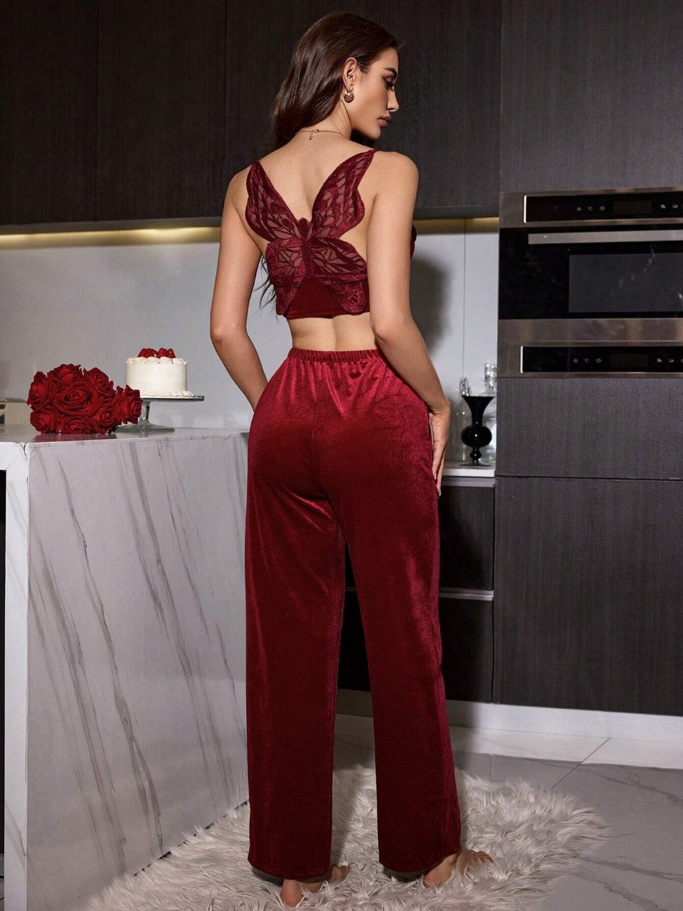 3D Butterfly Print Velvet Cami & Shorts Set, Sexy And Stylish