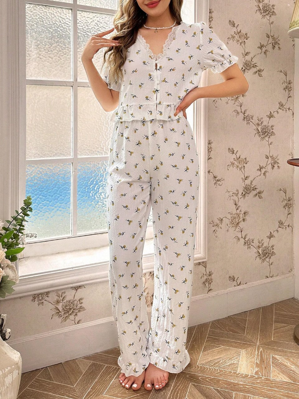 CottageSlumber Women's Ditsy Floral Lace Stitching Short Sleeve Top And Pants Pajama Set