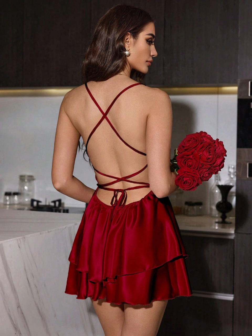 SilkySpell Women's Faux Silk Sexy Open Back Strap Nightgown Red Dress And Robe Pajama Set, Valentine Day Outfit