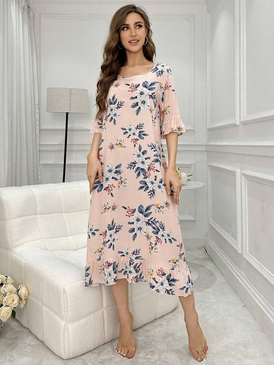 Floral Print Short Sleeve Nightgown With Ruffle Trim And Ribbon Ties