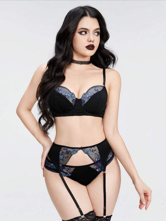ROMWE Goth Women Contrast Lace Floral Embroidered Sexy Lingerie Set( without stockings)