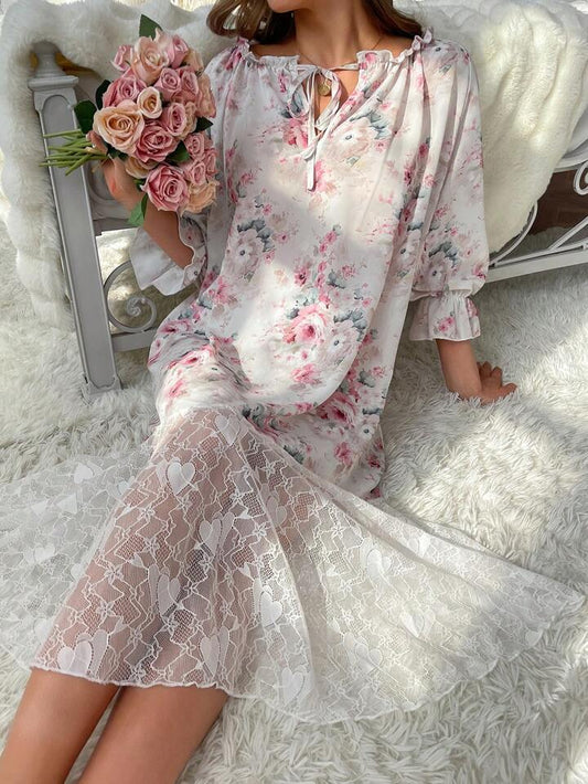 Women'S Floral Print Lace Trimmed Neckline Ribbon Tie Sleep Dress