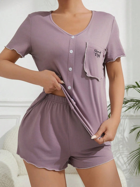 Ladies' Home Wear Set With Letter Embroidered Top And shorts