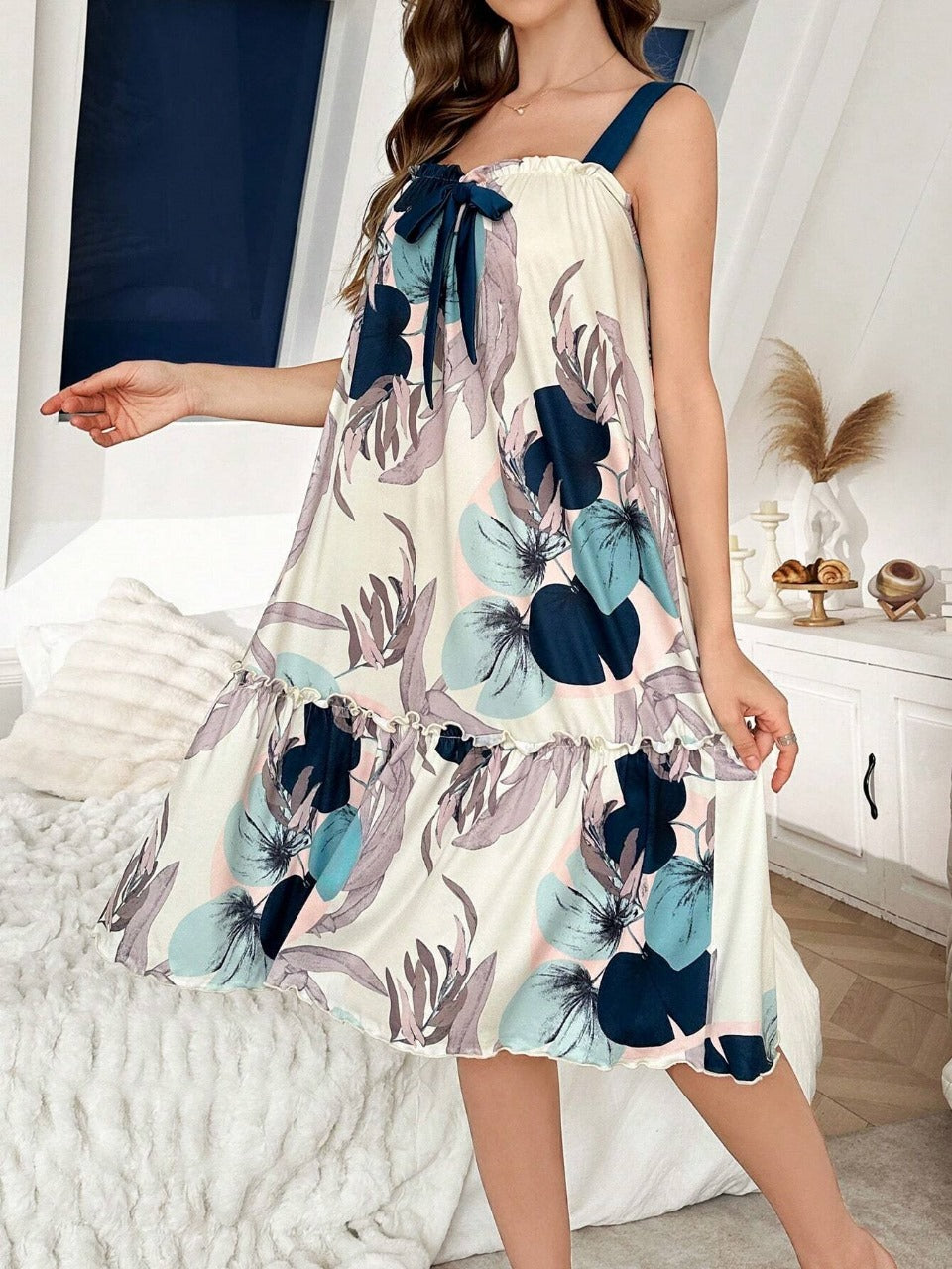 Color Block Bowknot Floral Print Slip Nightgown For Women
