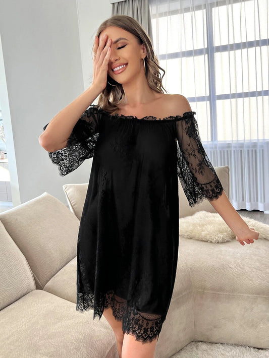 Eyelash lace panel off shoulder bow back mesh night dress