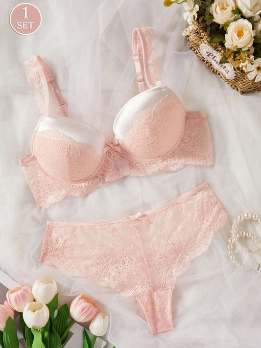 1pc/Set Bow Detail Underwired Lace Bra And Panty Set Sexy Lingerie