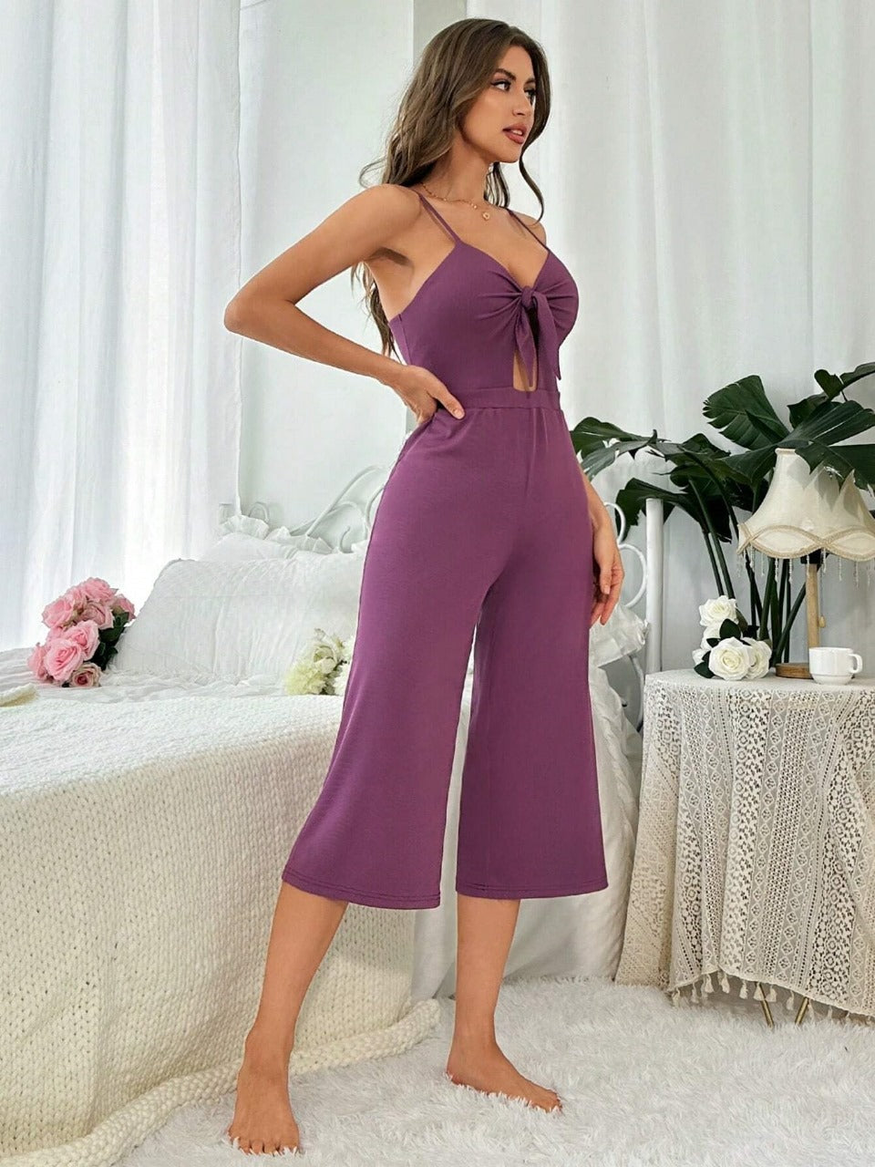 Women's Solid Color Wide-Leg Jumpsuit With Straps For Home Wear