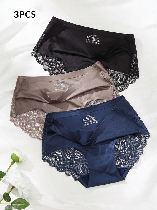 3pcs/Set Women's Ice Silk Lace Splicing Triangle Panties