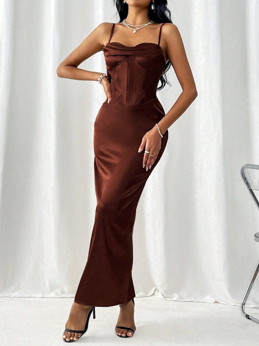 Privé Women's Elegant Cowl Collar Cami Neckline High Waist Slit Dress For Summer