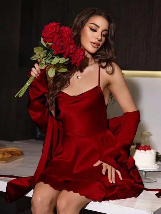 SilkySpell Women's Faux Silk Sexy Open Back Strap Nightgown Red Dress And Robe Pajama Set, Valentine Day Outfit
