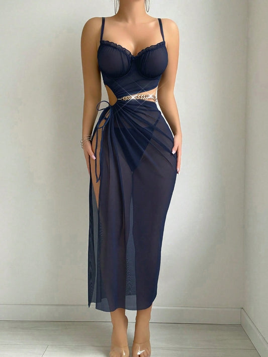 3-Piece Set: Slit Hollow-Out Drawstring Waist Slimming Long Dress + Thong + Detachable Large Chain Decor Belt, Elegant Party Outfit