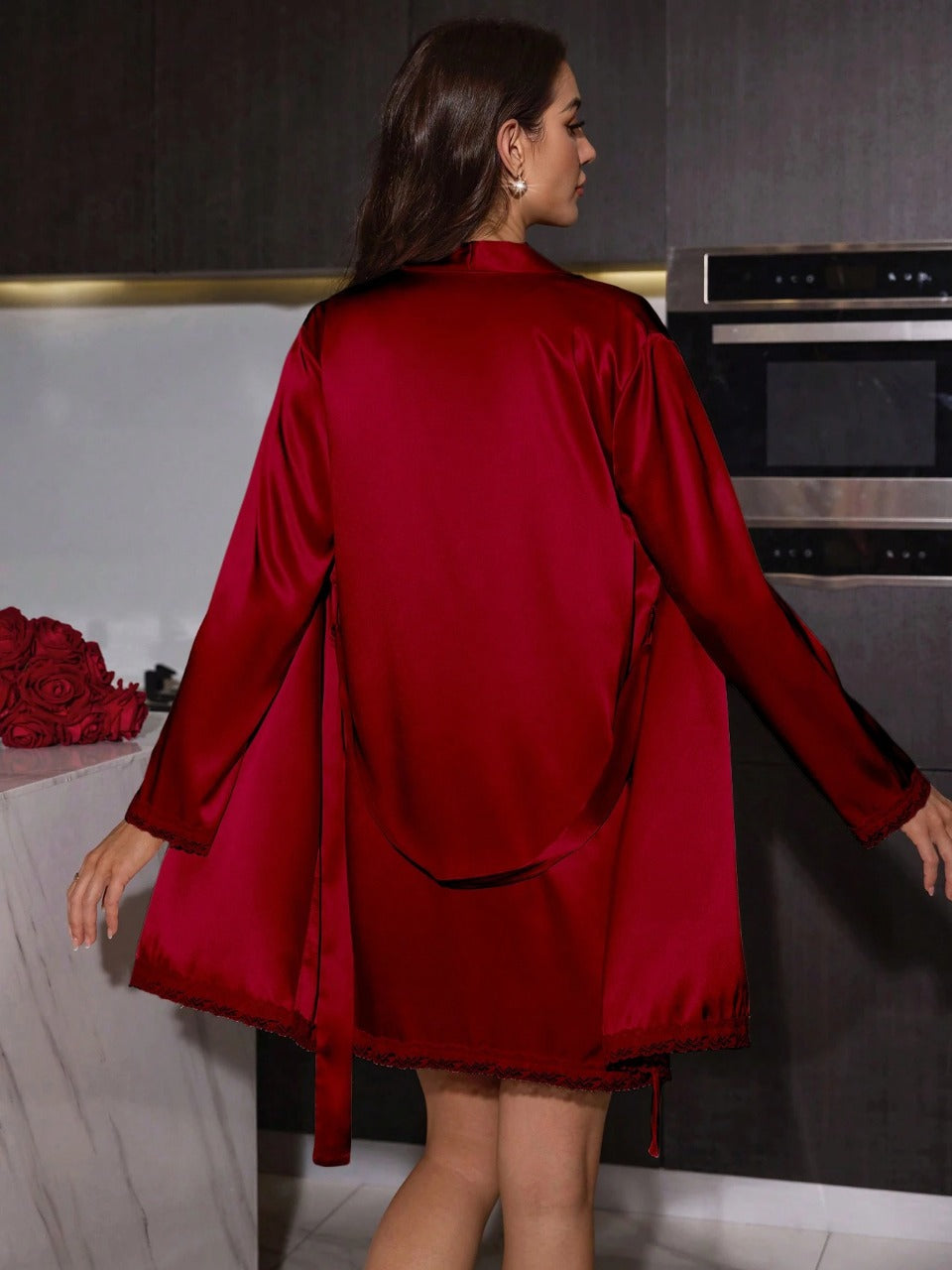 SilkySpell Women's Faux Silk Sexy Open Back Strap Nightgown Red Dress And Robe Pajama Set, Valentine Day Outfit