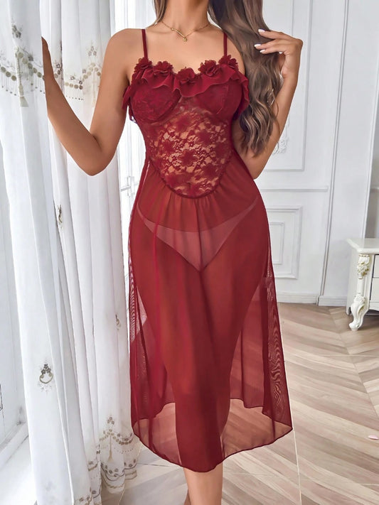 Christmas Wine Red Sexy Mesh Flower Petal Dress Ladies Nightgown