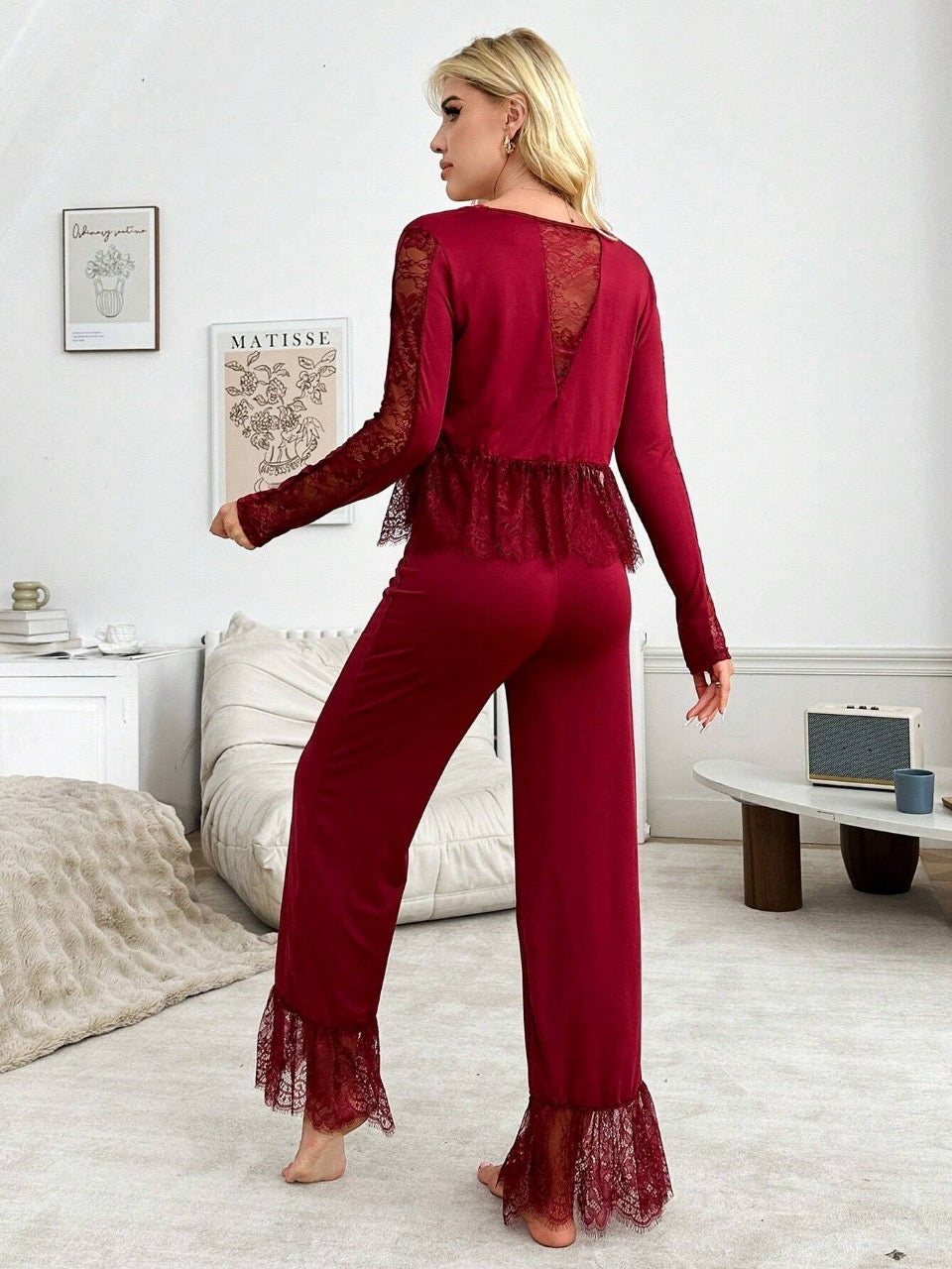 Casual Sexy Lace Trim Women's Sleepwear Pajama Set, For Christmas