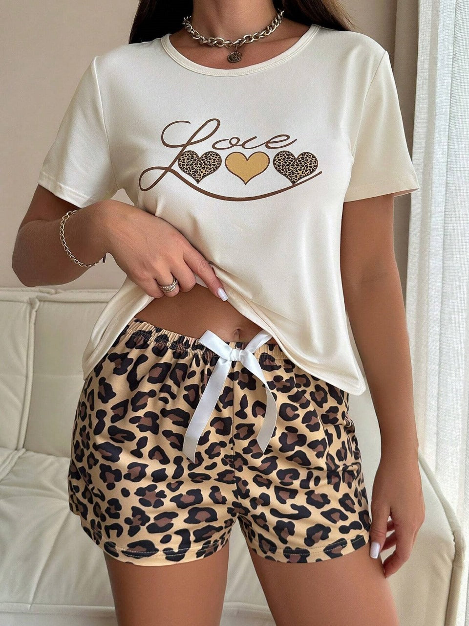 Heart & Leopard Print Short Sleeve And Shorts Casual Pajama Set