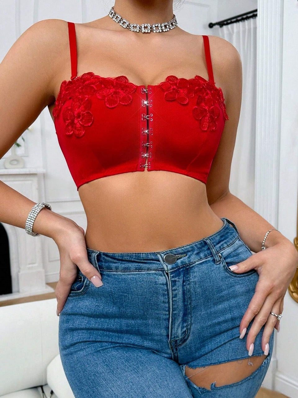 3D Flower Decoration Solid Color Women Bra
