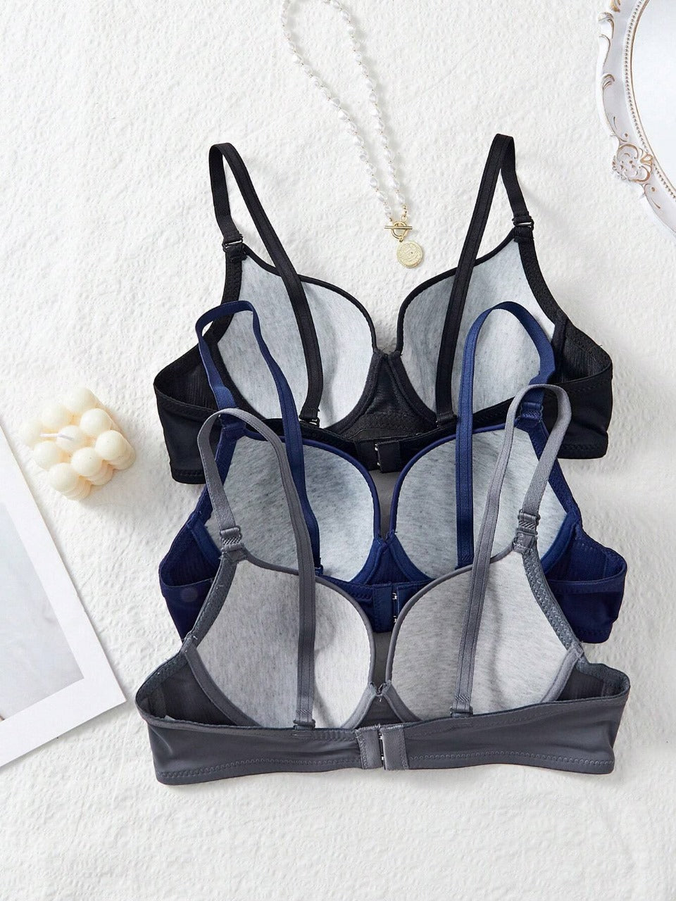 3PCS Comfortable Casual Wired Soft Cup Solid Bra, Lingerie