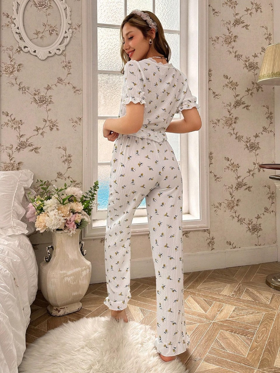 CottageSlumber Women's Ditsy Floral Lace Stitching Short Sleeve Top And Pants Pajama Set