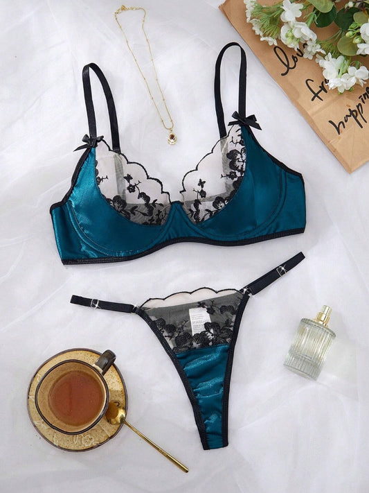 2pcs Women Elegant Floral Embroidery Mesh Lingerie Set