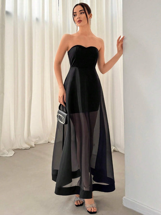 Aloruh Women's Summer Wedding Daily Elegant Holiday Date INS Music Festival Strapless Mesh Patchwork Long Elegant Evening Dress With Perspective Design, Great For Valentine's Day