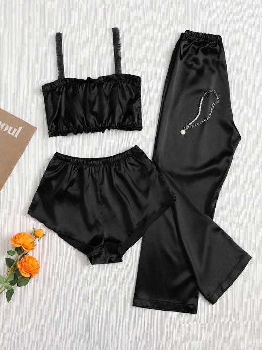 Solid Color Pleated Satin Pajama Set Including Camisole, Shorts And Long Pants