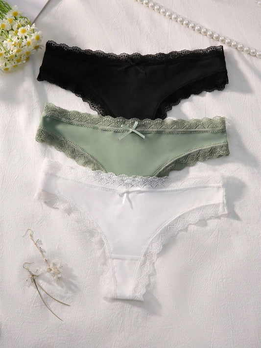 3pcs/Set Women's Ice Silk Lace Splicing Triangle Panties