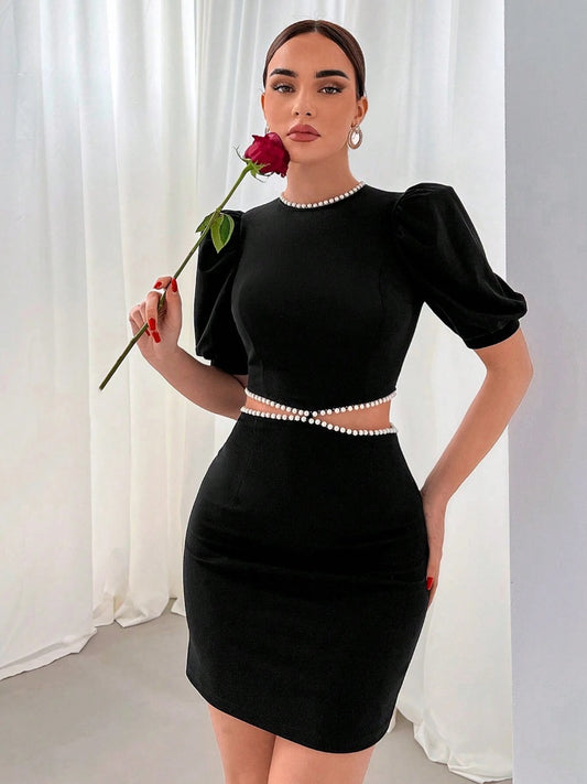 Privé Ladies' Hollow Out Black Minimalist Short Sleeve Dress With Waist Cut-Out For Romantic Date, Party, Commuting